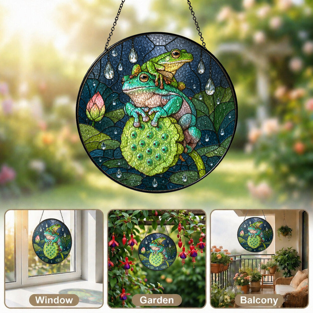 Frogs on Lotus Pod in the Rain Stained Glass Suncatcher