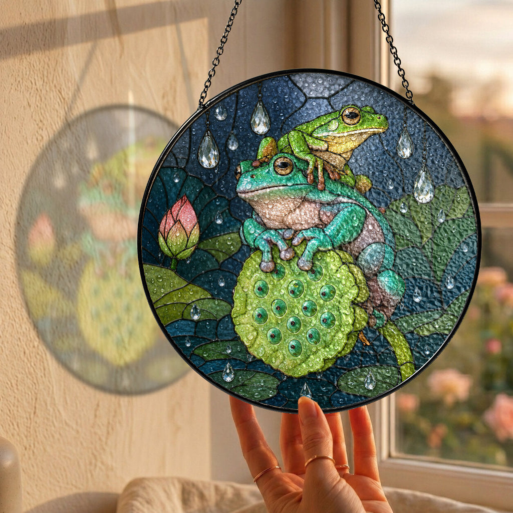 Frogs on Lotus Pod in the Rain Stained Glass Suncatcher