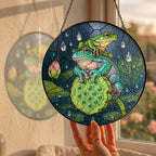 Frogs on Lotus Pod in the Rain Stained Glass Suncatcher