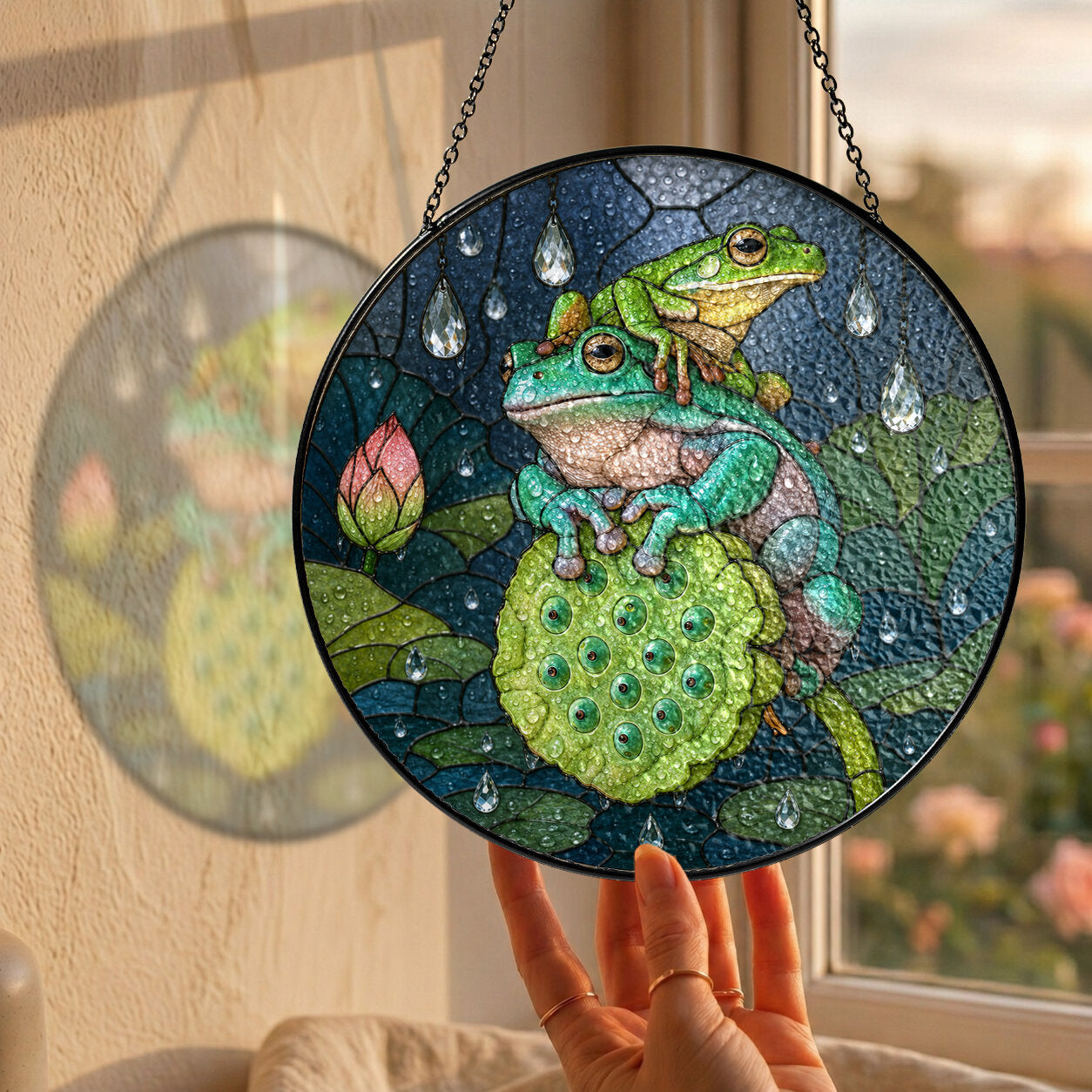 Frogs on Lotus Pod in the Rain Stained Glass Suncatcher