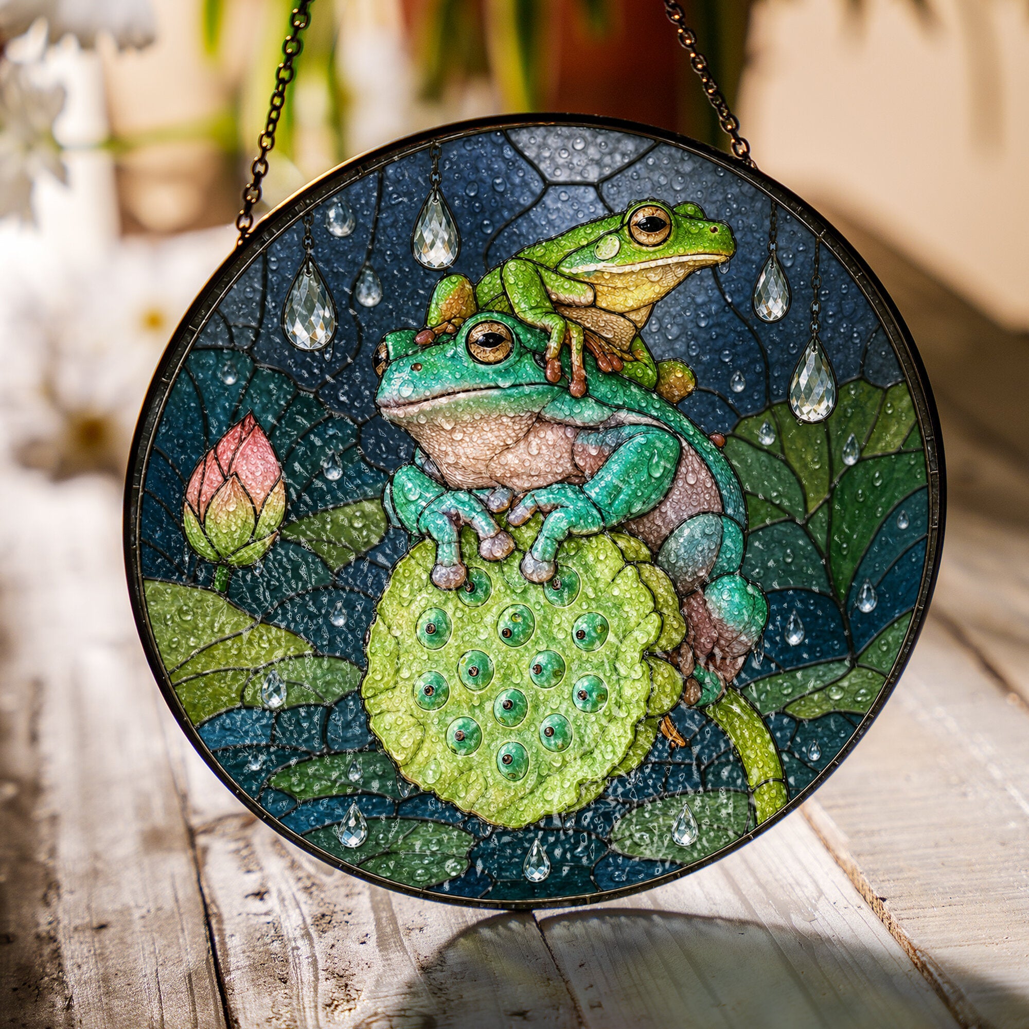 Frogs on Lotus Pod in the Rain Stained Glass Suncatcher