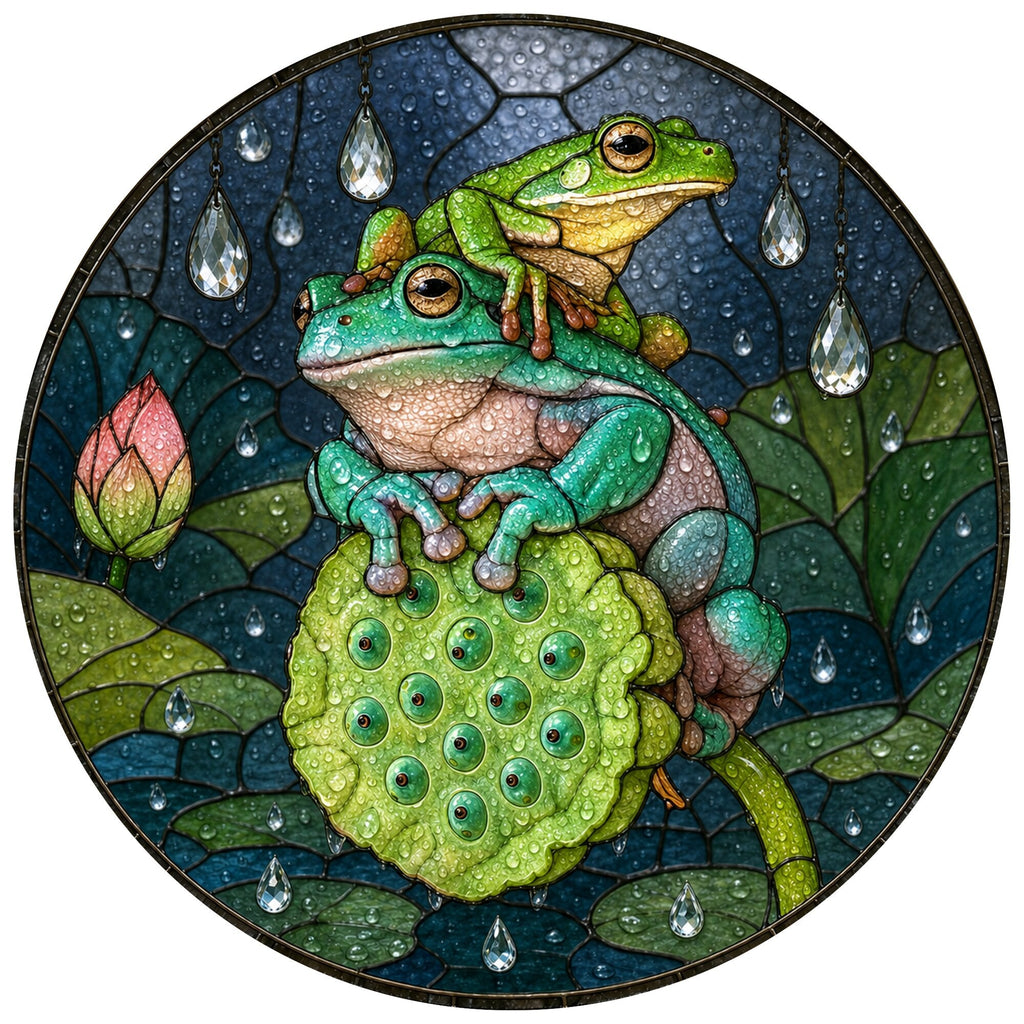 Frogs on Lotus Pod in the Rain Stained Glass Suncatcher