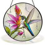 Hummingbird and pink tropical blooms stained glass suncatcher