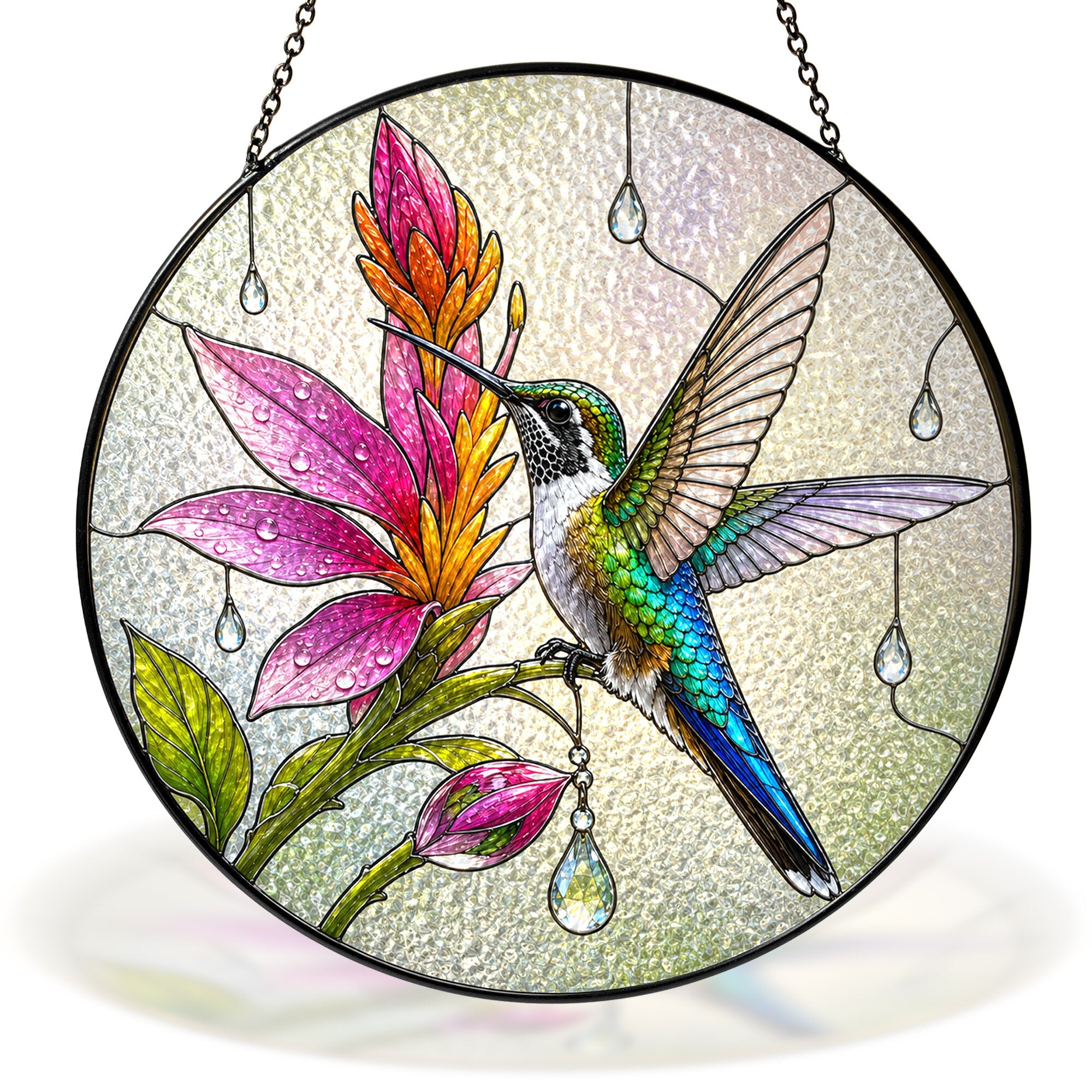 Hummingbird and pink tropical blooms stained glass suncatcher