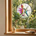 Hummingbird & Pink Blooms Stained Glass Suncatcher