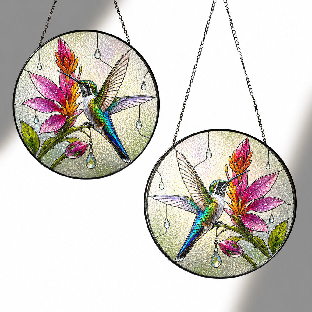 Hummingbird & Pink Blooms Stained Glass Suncatcher
