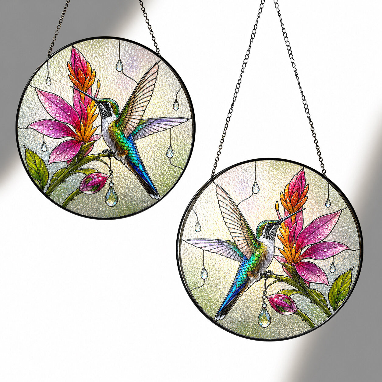 Hummingbird & Pink Blooms Stained Glass Suncatcher