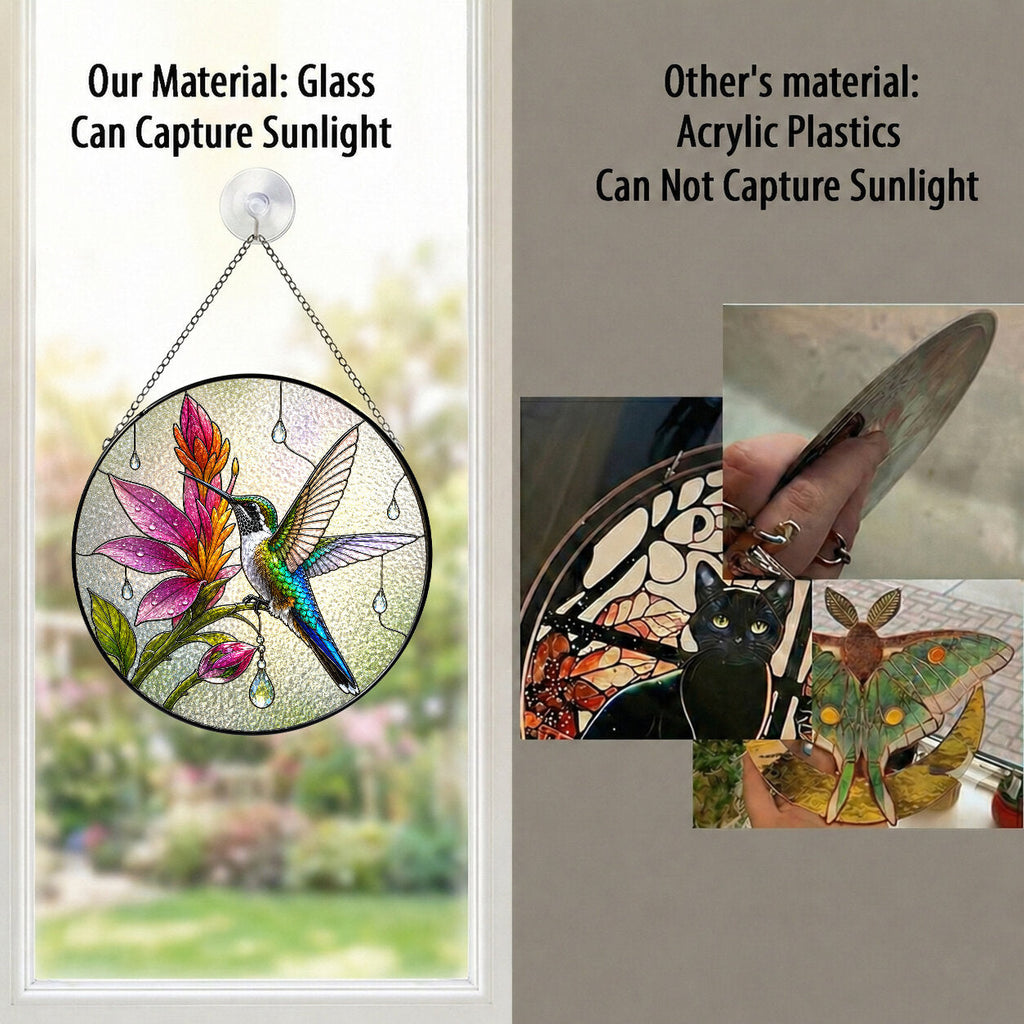 Hummingbird & Pink Blooms Stained Glass Suncatcher