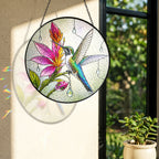 Hummingbird & Pink Blooms Stained Glass Suncatcher