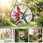 Hummingbird & Pink Blooms Stained Glass Suncatcher