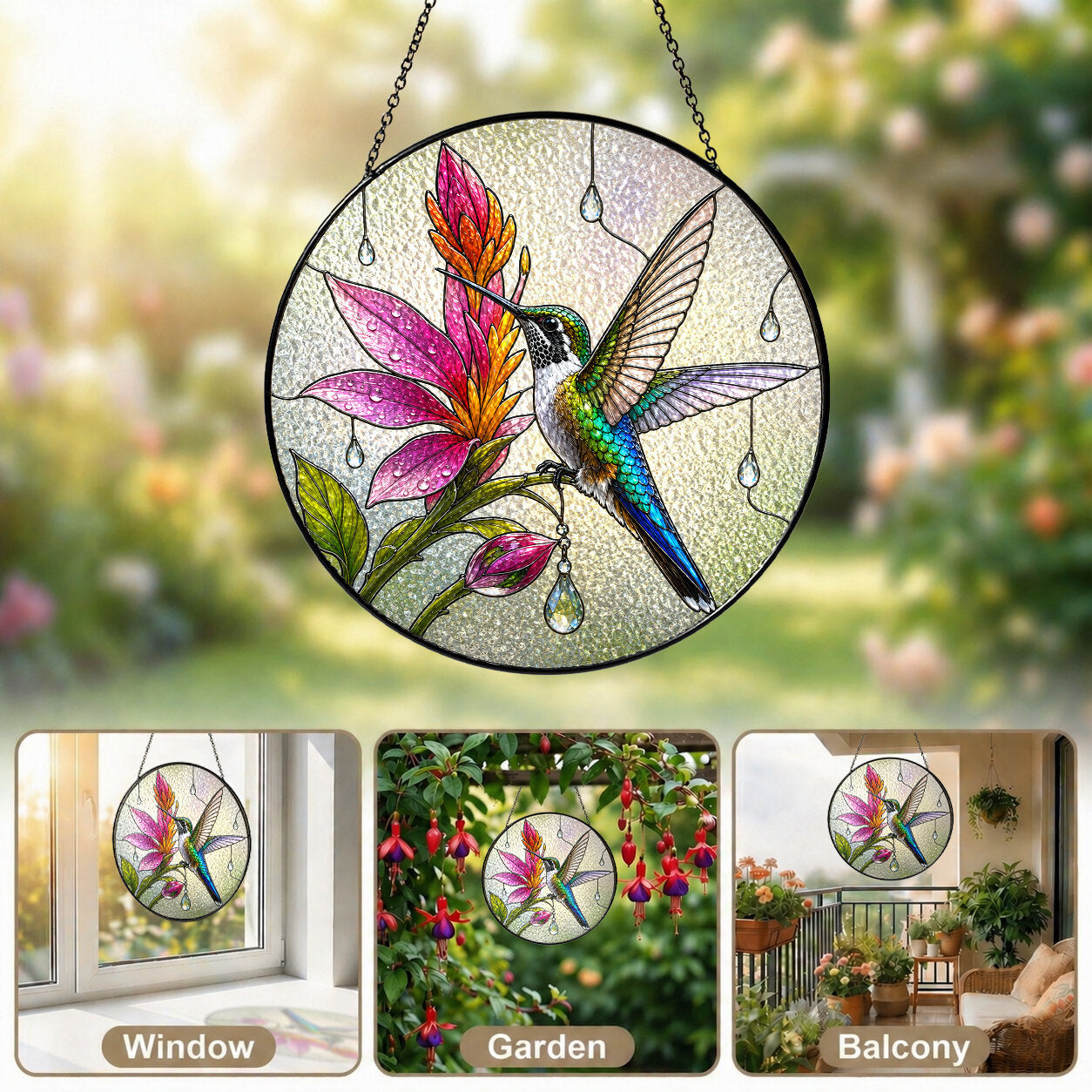 Hummingbird & Pink Blooms Stained Glass Suncatcher