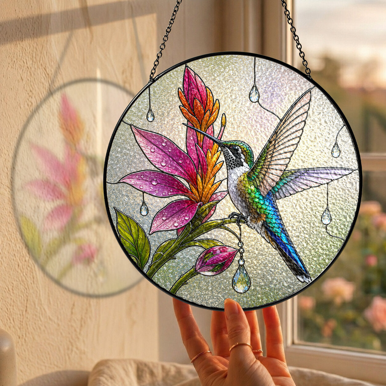 Hummingbird & Pink Blooms Stained Glass Suncatcher