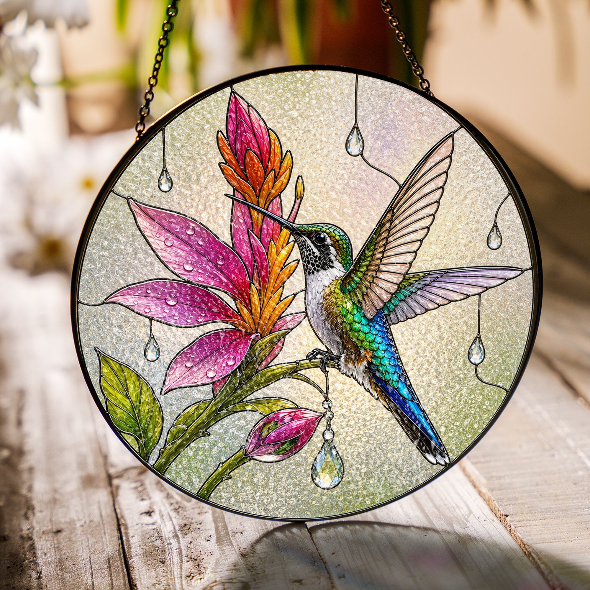 Hummingbird & Pink Blooms Stained Glass Suncatcher