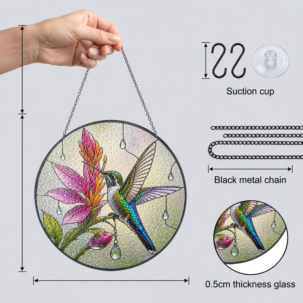Hummingbird & Pink Blooms Stained Glass Suncatcher