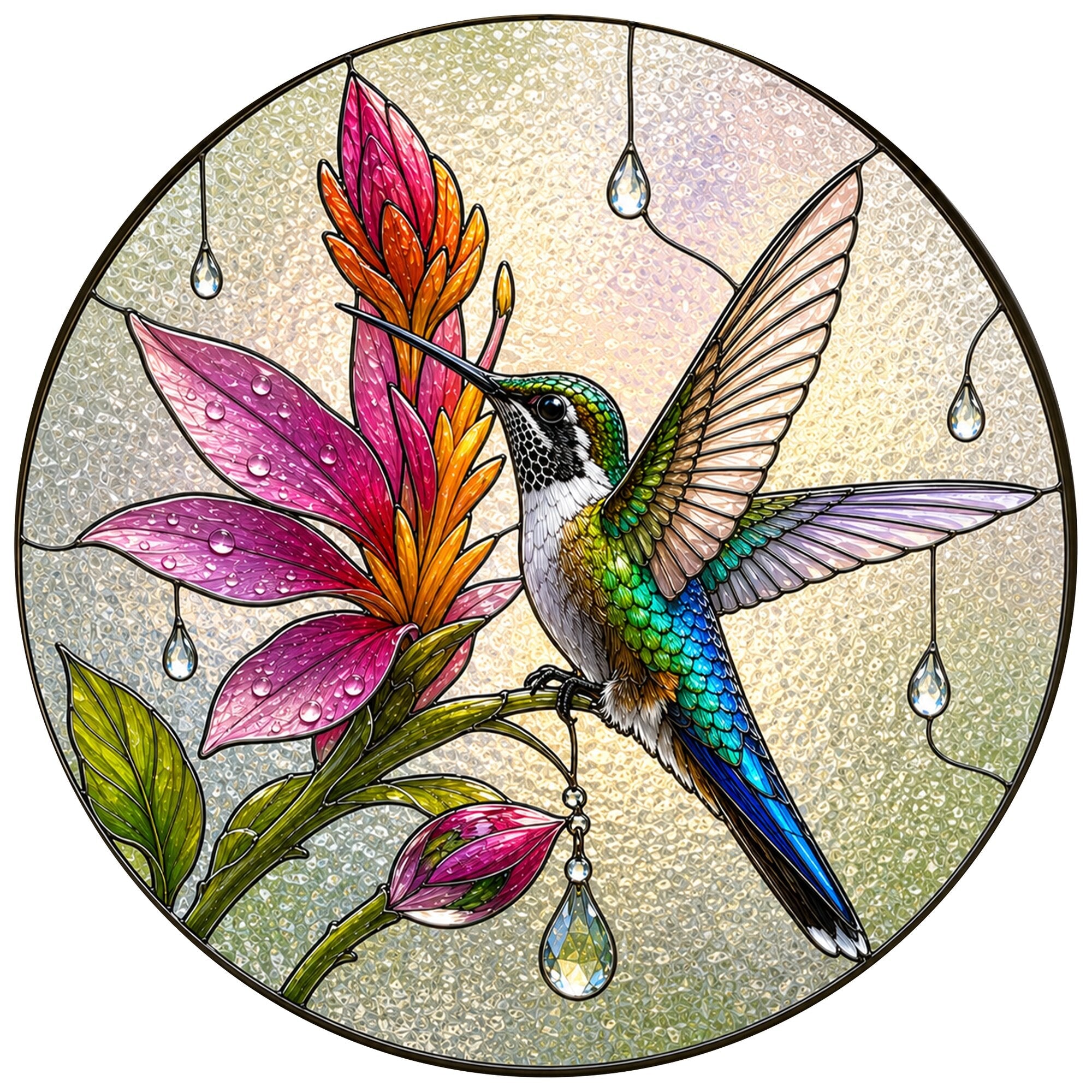 Hummingbird & Pink Blooms Stained Glass Suncatcher