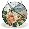Dragonfly and peach rose stained glass suncatcher