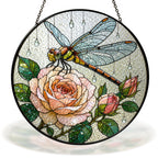 Dragonfly and peach rose stained glass suncatcher