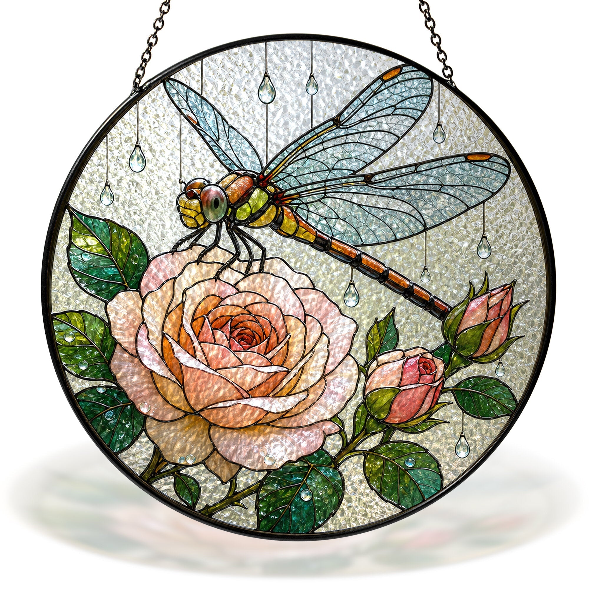 Dragonfly and peach rose stained glass suncatcher