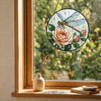 Dragonfly & Peach Rose Stained Glass Suncatcher