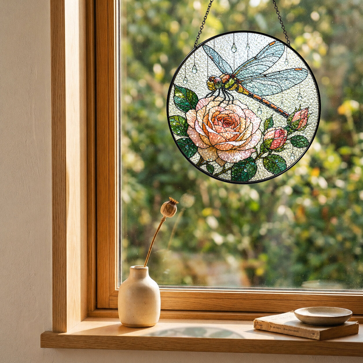 Dragonfly & Peach Rose Stained Glass Suncatcher