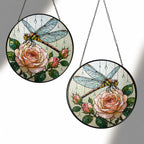 Dragonfly & Peach Rose Stained Glass Suncatcher