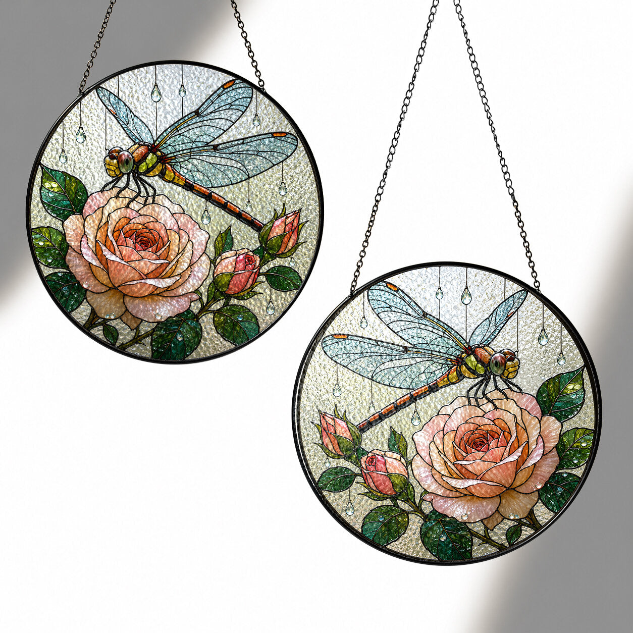 Dragonfly & Peach Rose Stained Glass Suncatcher