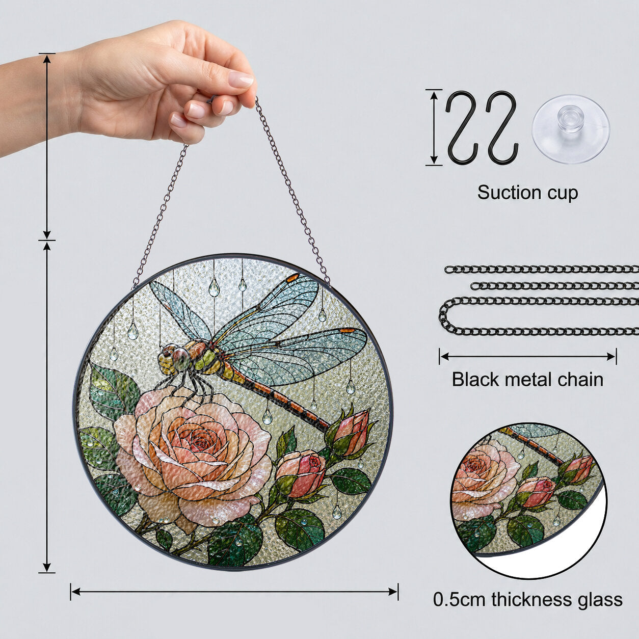 Dragonfly & Peach Rose Stained Glass Suncatcher