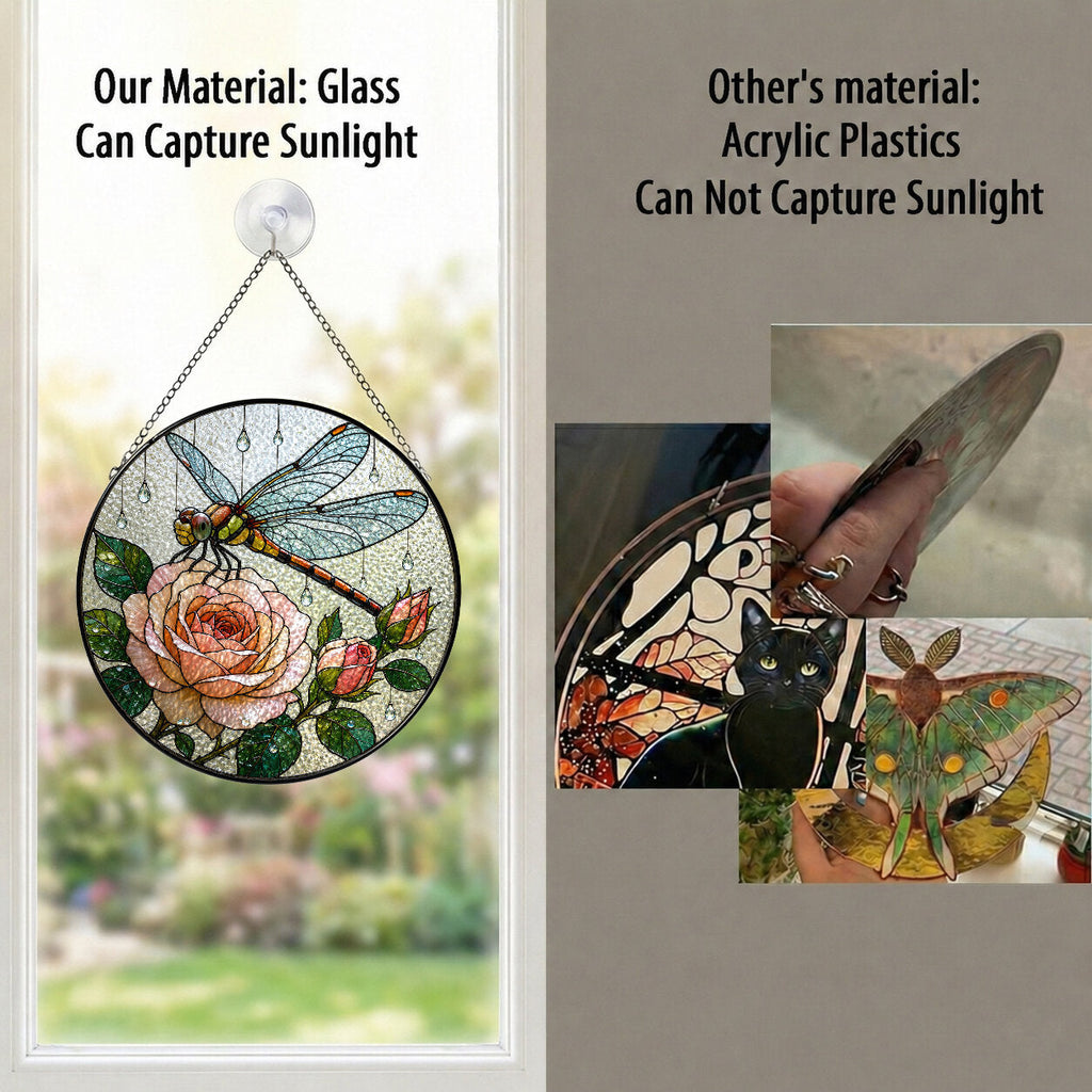 Dragonfly & Peach Rose Stained Glass Suncatcher