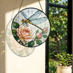 Dragonfly & Peach Rose Stained Glass Suncatcher