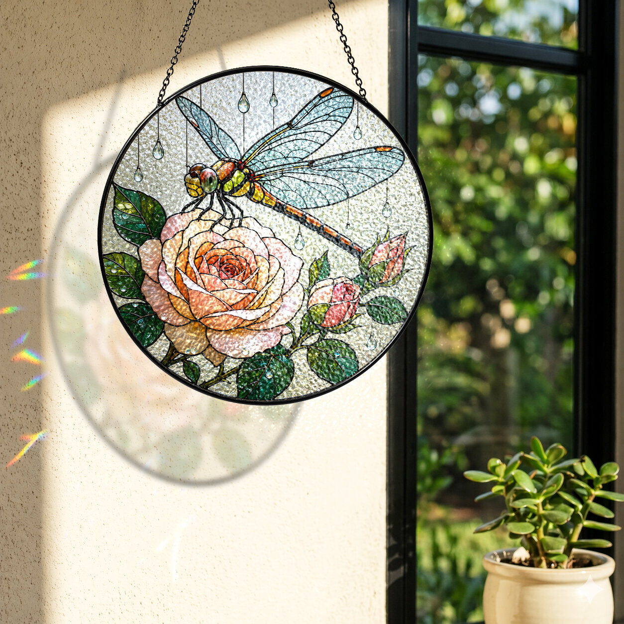 Dragonfly & Peach Rose Stained Glass Suncatcher
