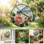 Dragonfly & Peach Rose Stained Glass Suncatcher