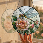 Dragonfly & Peach Rose Stained Glass Suncatcher