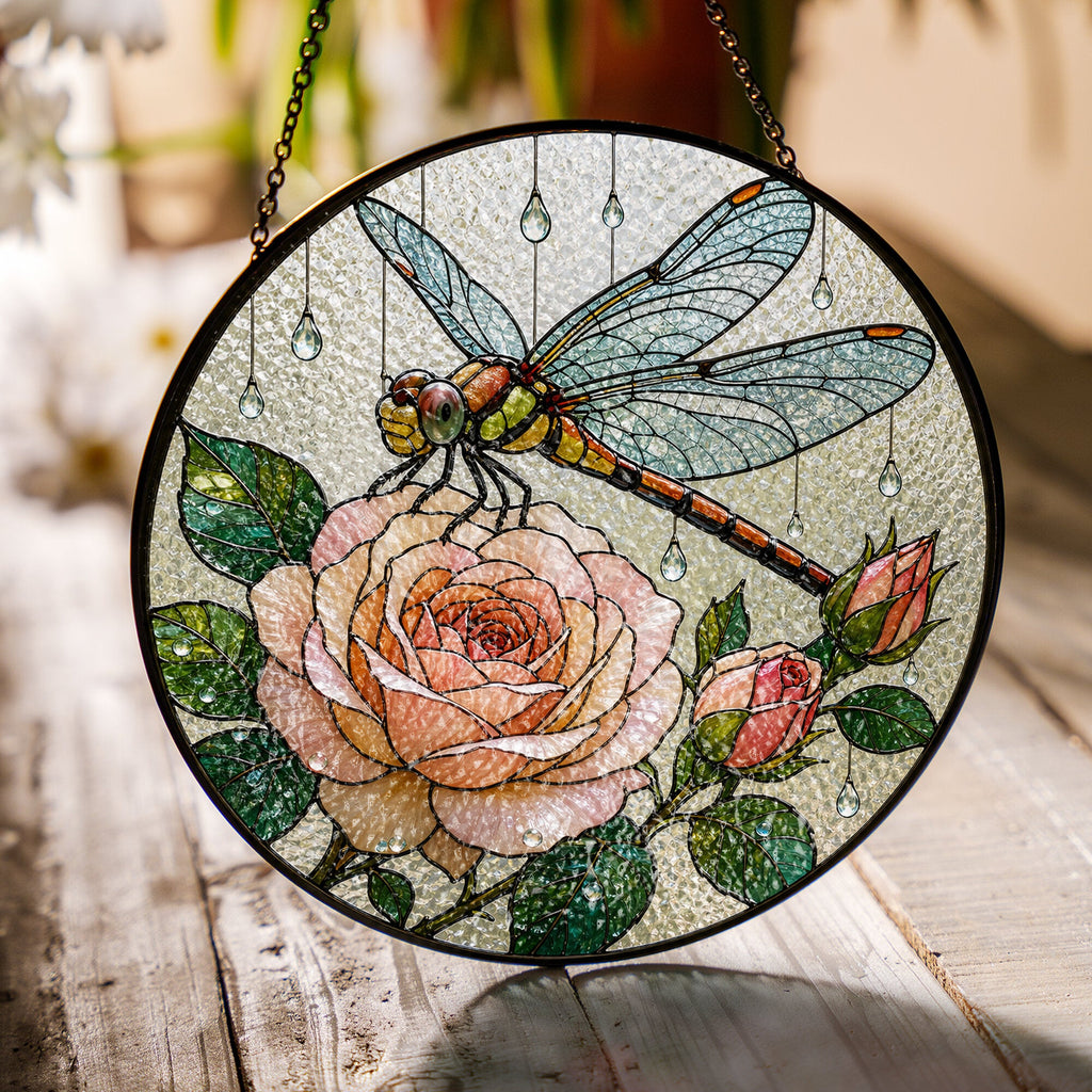 Dragonfly & Peach Rose Stained Glass Suncatcher