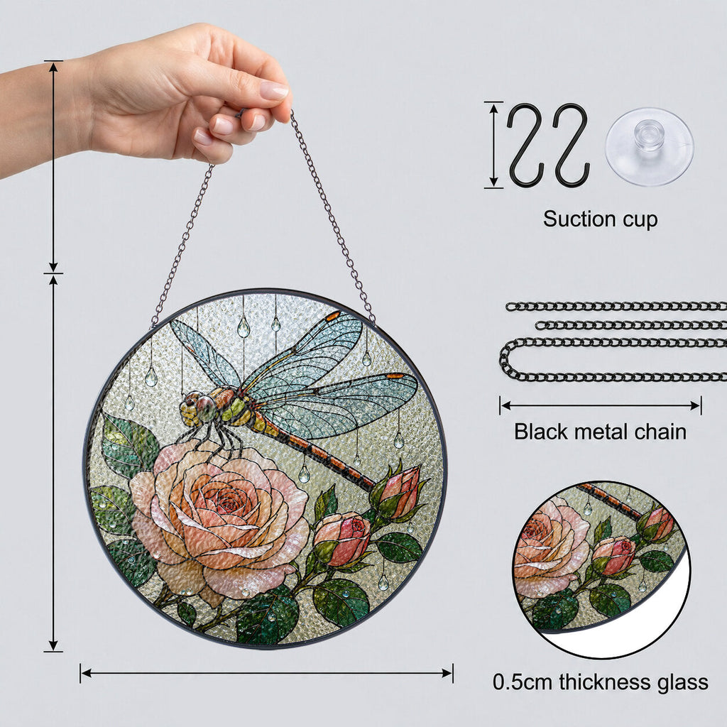 Dragonfly & Peach Rose Stained Glass Suncatcher