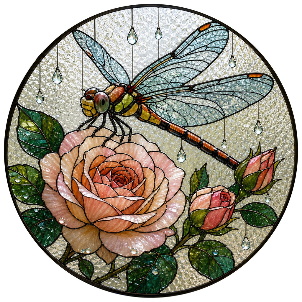Dragonfly & Peach Rose Stained Glass Suncatcher