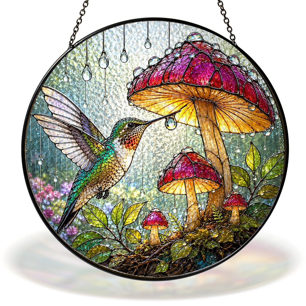 Hummingbird and mushroom garden stained glass suncatcher
