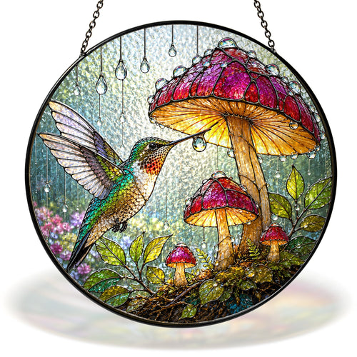 Hummingbird and mushroom garden stained glass suncatcher