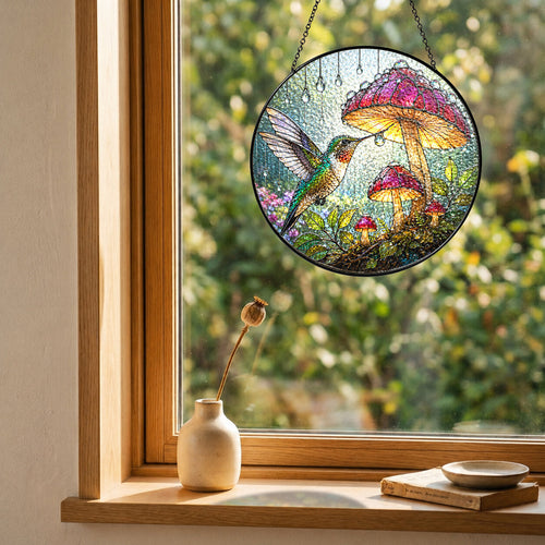 Hummingbird & Mushroom Garden Stained Glass Suncatcher