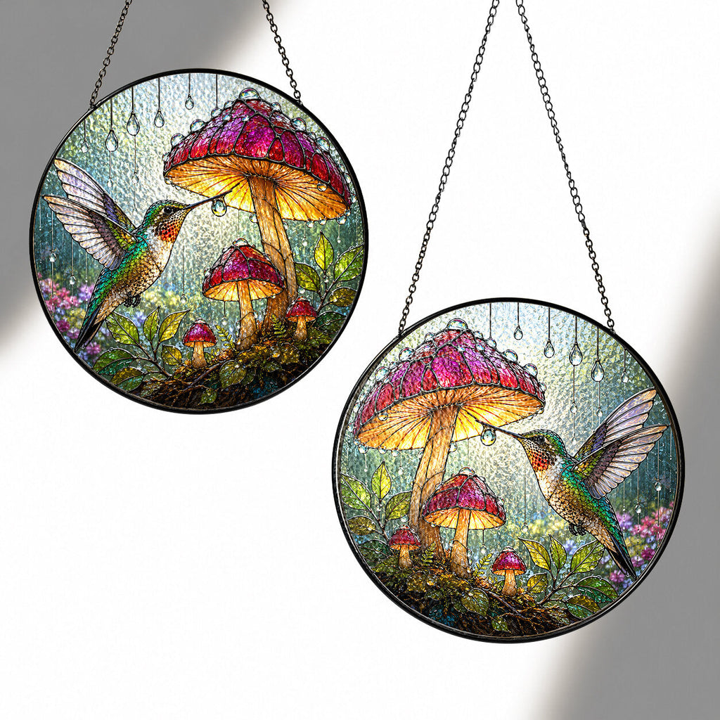 Hummingbird & Mushroom Garden Stained Glass Suncatcher
