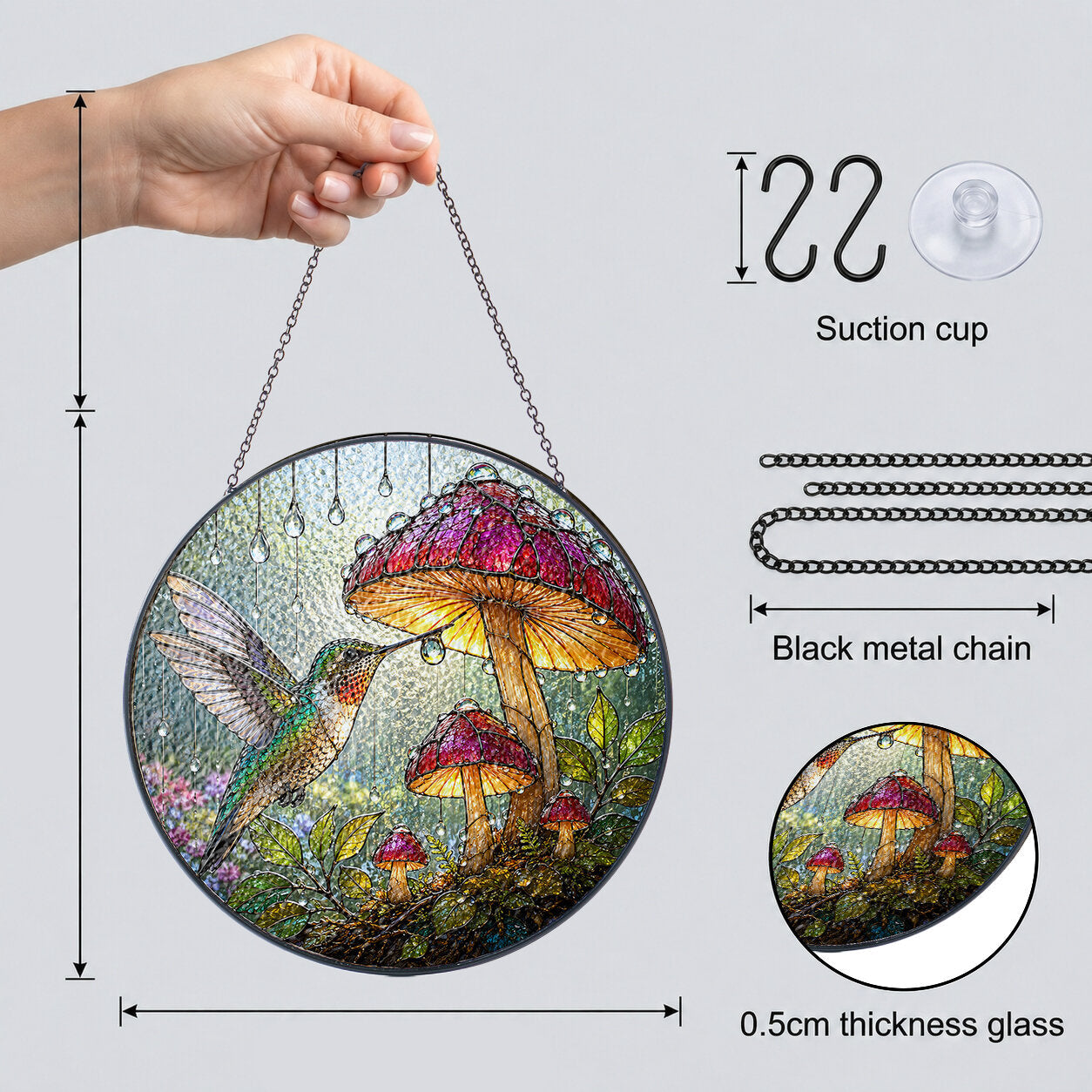 Hummingbird & Mushroom Garden Stained Glass Suncatcher
