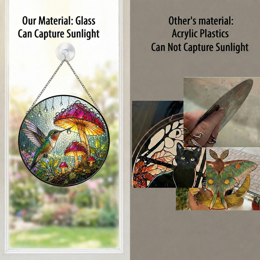 Hummingbird & Mushroom Garden Stained Glass Suncatcher