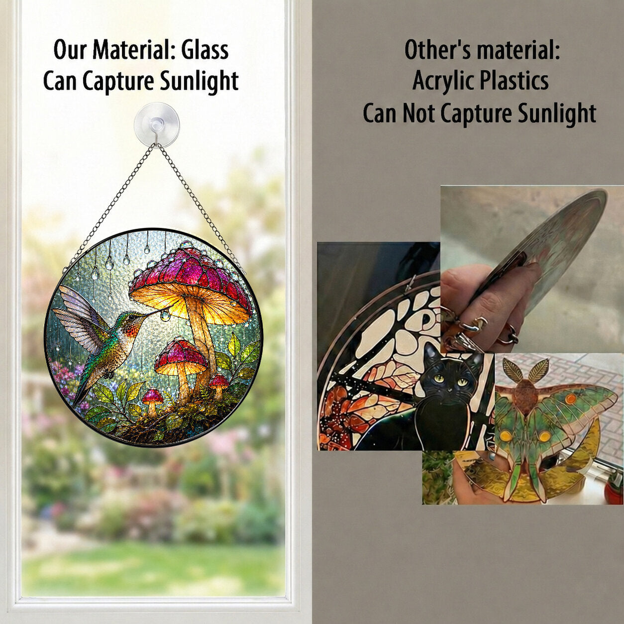 Hummingbird & Mushroom Garden Stained Glass Suncatcher