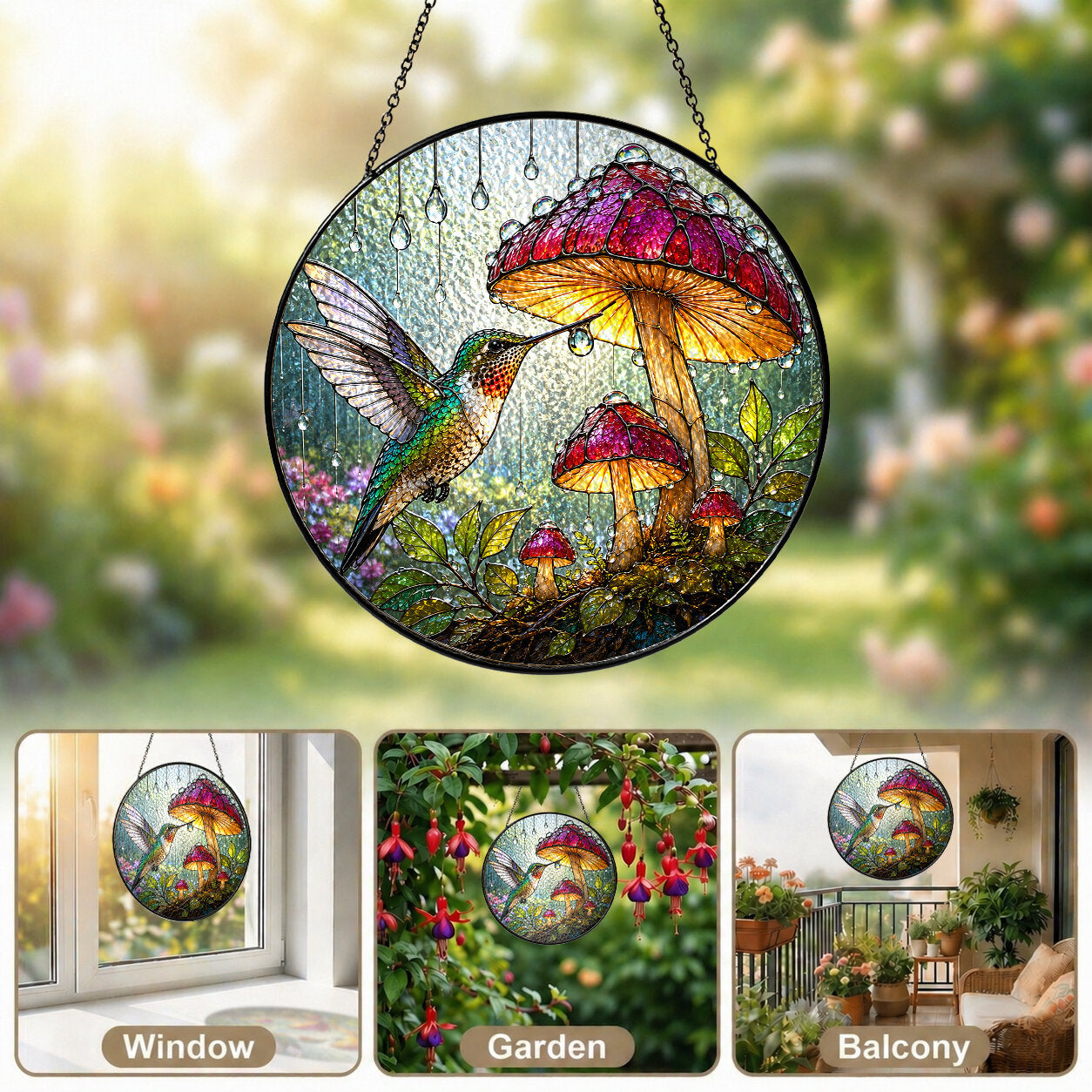 Hummingbird & Mushroom Garden Stained Glass Suncatcher