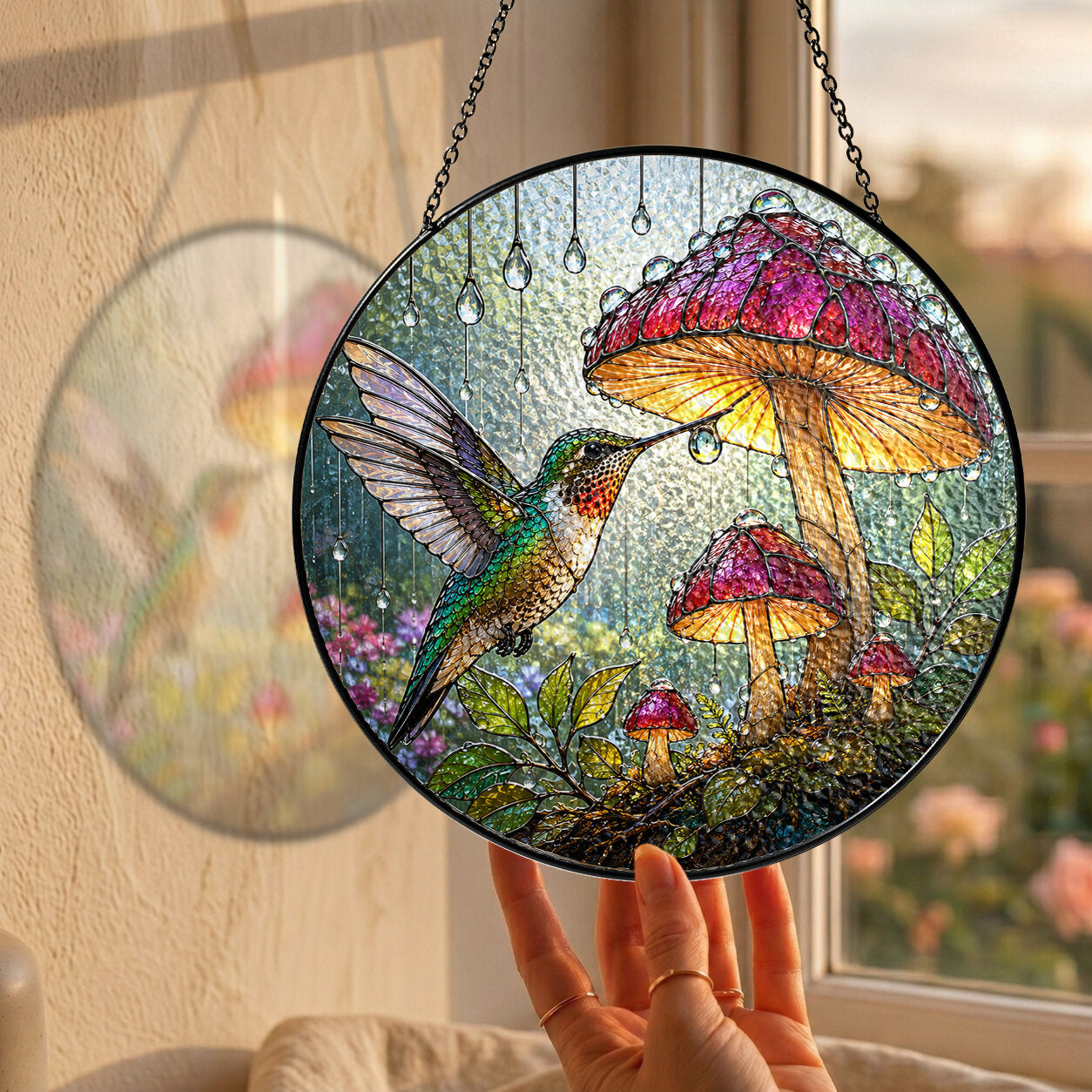 Hummingbird & Mushroom Garden Stained Glass Suncatcher