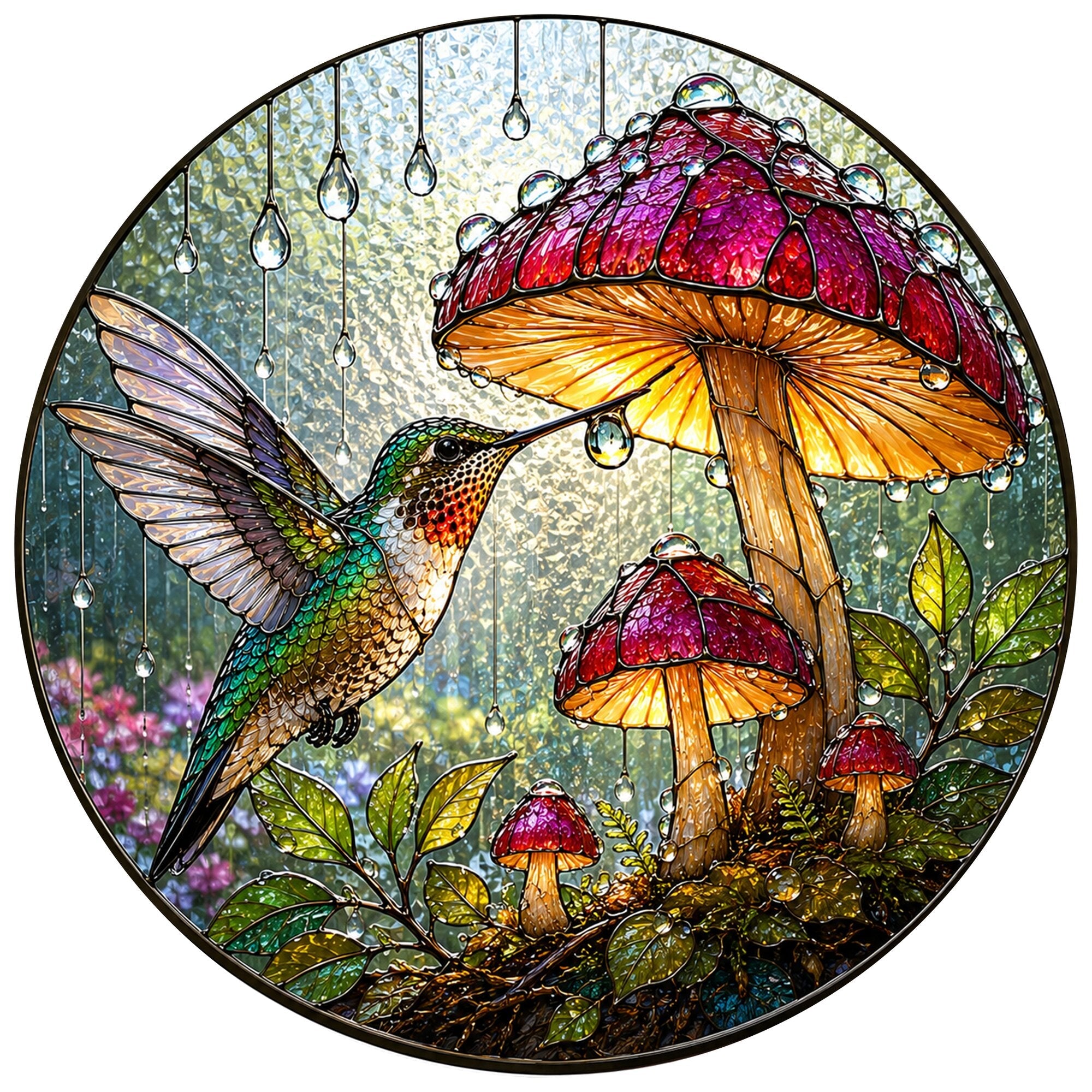 Hummingbird & Mushroom Garden Stained Glass Suncatcher
