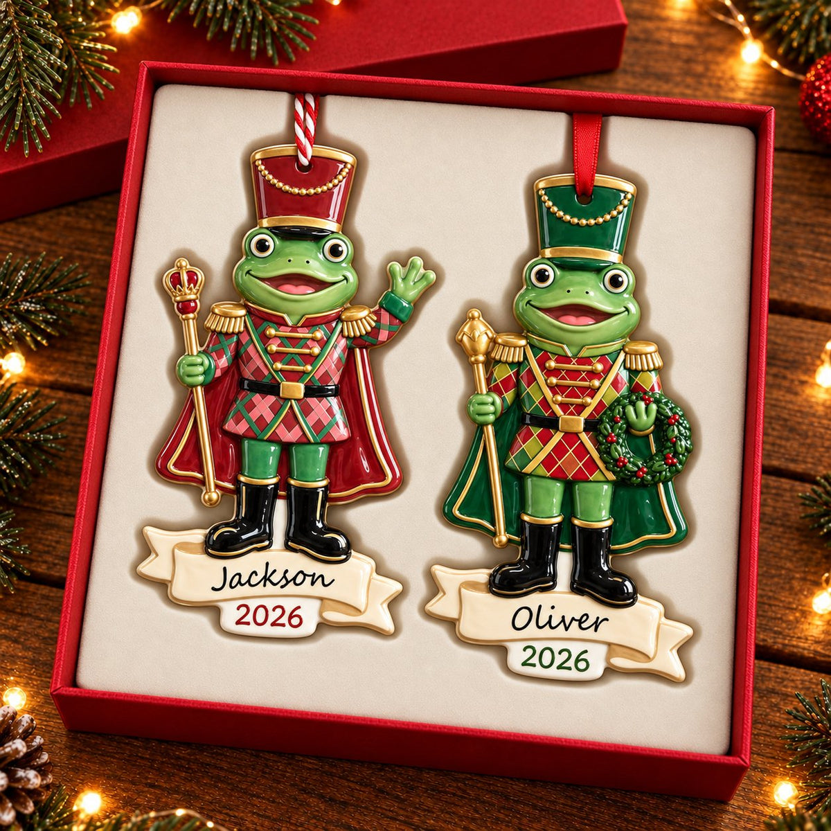 Nutcracker Frog Ceramic Christmas Ornament — Red Hat or Green Hat, Optional Name & Year, Single or Build Your Own Set