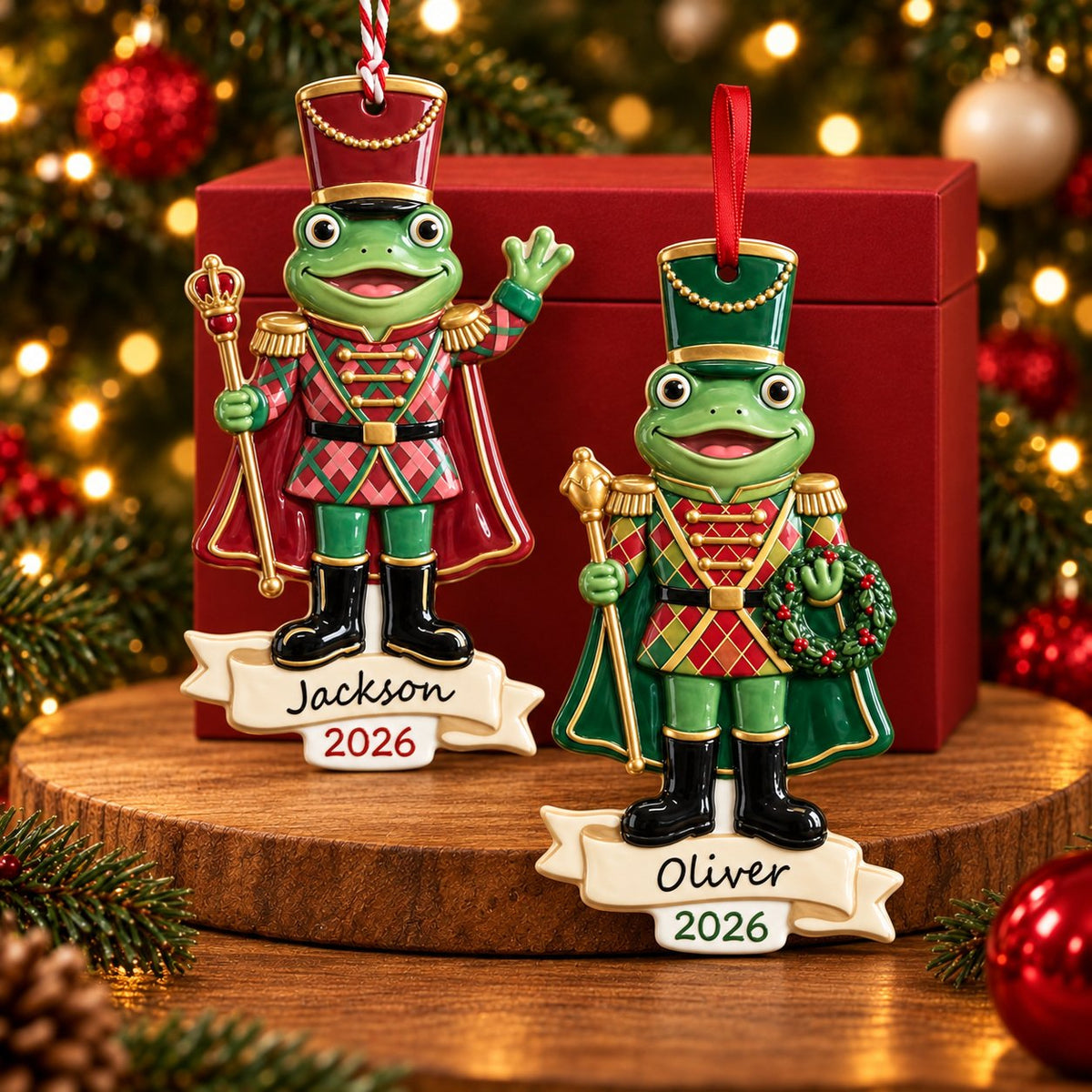 Nutcracker Frog Ceramic Christmas Ornament — Red Hat or Green Hat, Optional Name & Year, Single or Build Your Own Set