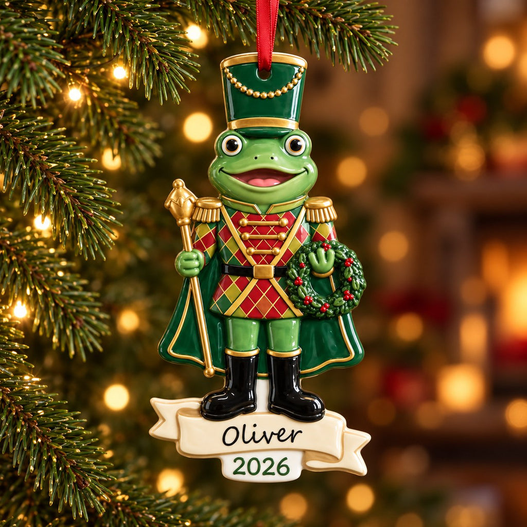 Nutcracker Frog Ceramic Christmas Ornament — Red Hat or Green Hat, Optional Name & Year, Single or Build Your Own Set