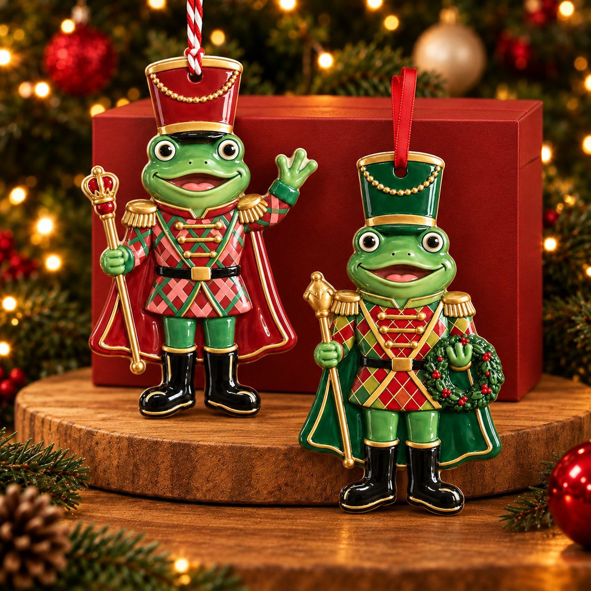 Nutcracker Frog Ceramic Christmas Ornament — Red Hat or Green Hat, Optional Name & Year, Single or Build Your Own Set