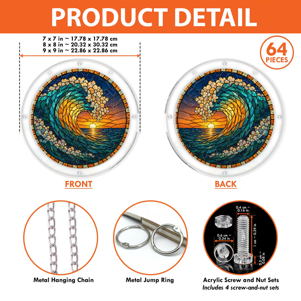 Ocean wave sunset acrylic puzzle suncatcher hanging in a window